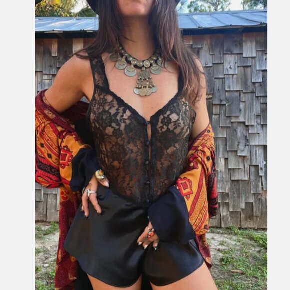 1990s Vintage Victoria's Secret Black Satin & Lace Button Front Lingerie Romper - Picture 1 of 8
